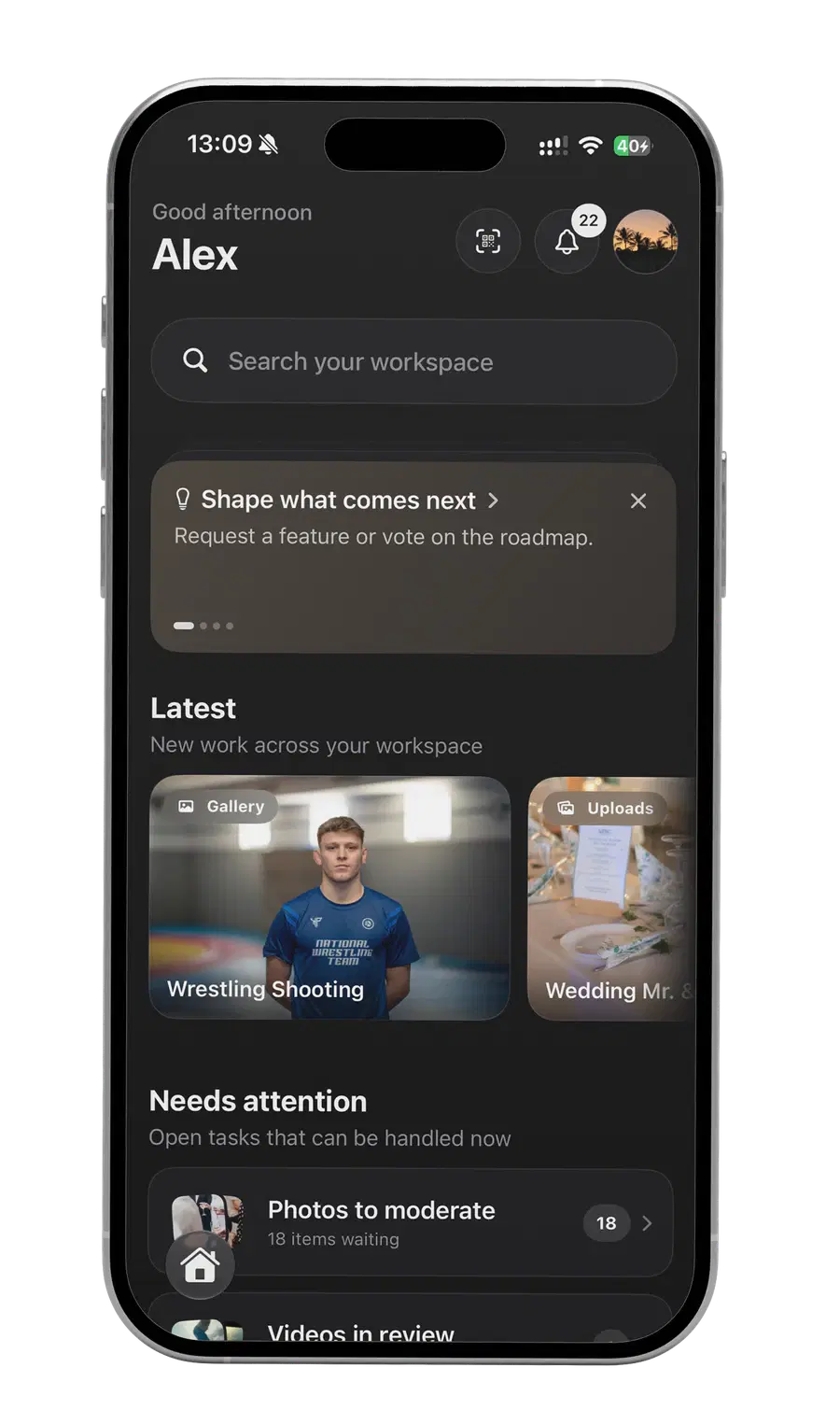 Home screen of the Exportlab app showing new galleries and open tasks.