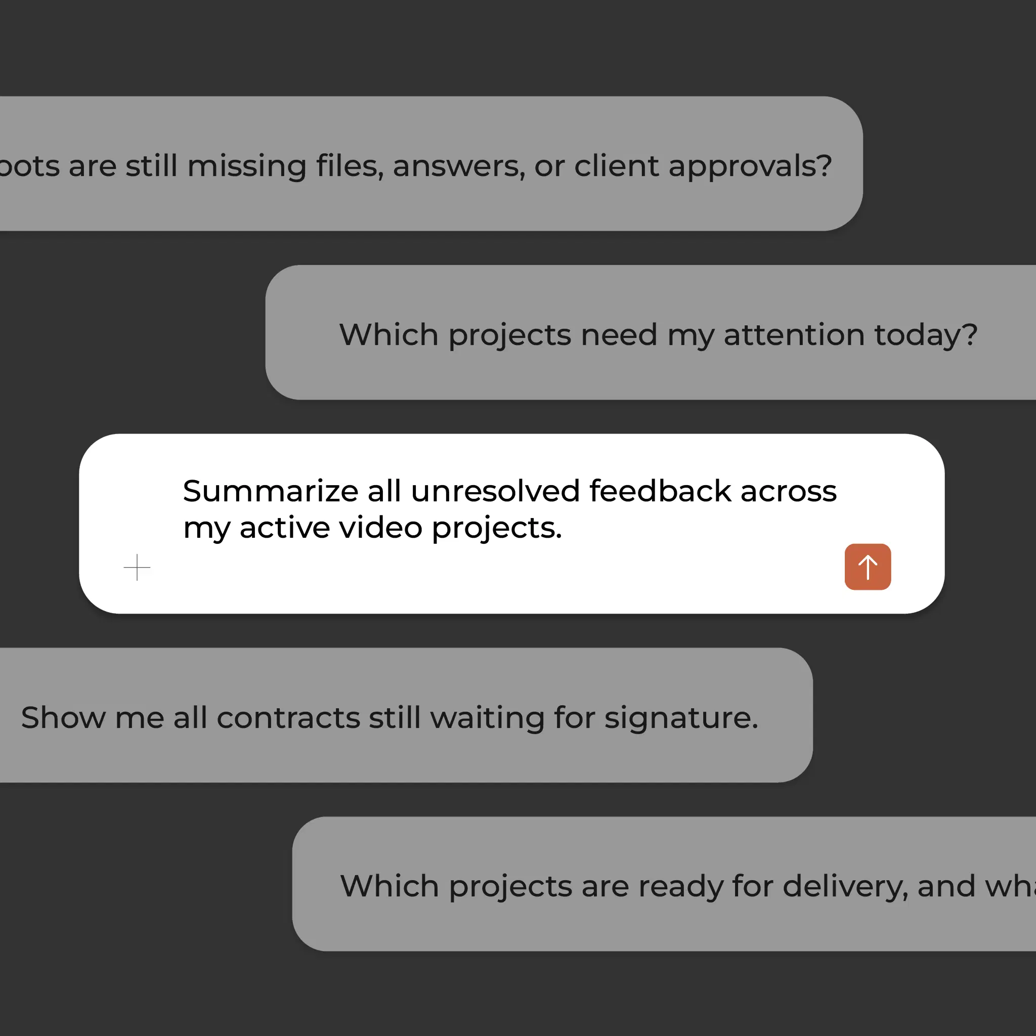 Stacked chat bubbles with example questions asked to Exportlab through Claude
