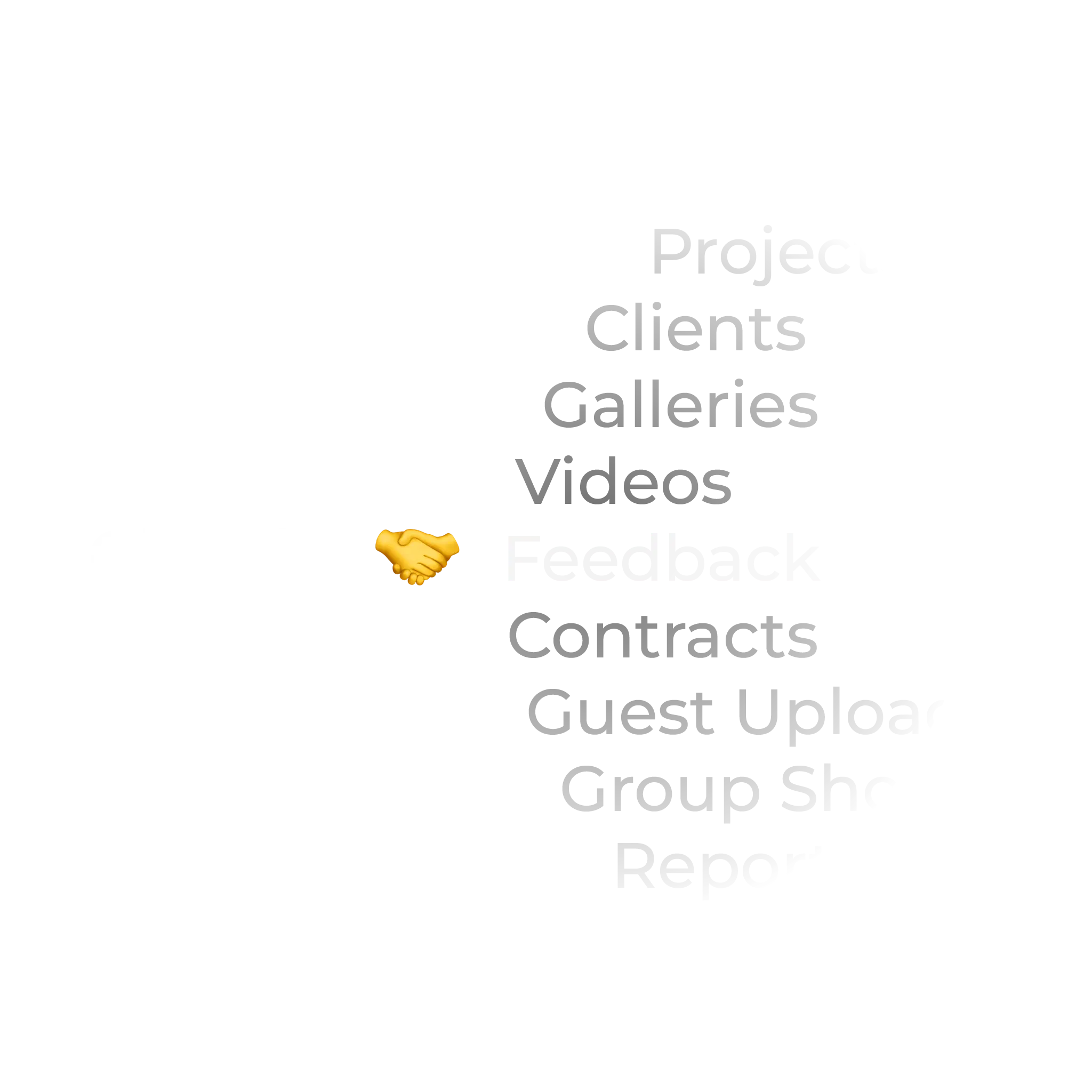 Word cloud of Exportlab data Claude can reach: projects, clients, galleries, videos, feedback, contracts, guest uploads, group shoots, reports
