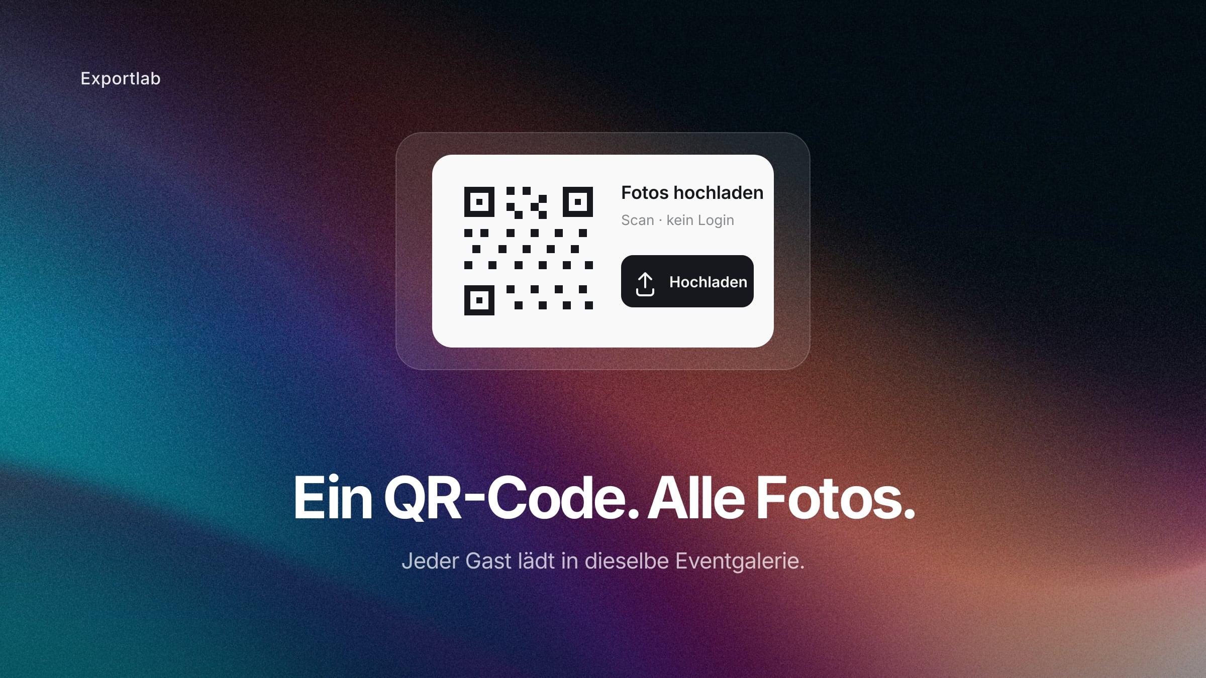 Ein QR-Code, alle Fotos – eine QR-Upload-Karte „Fotos hochladen“, über die Gäste ohne Login in dieselbe Eventgalerie laden