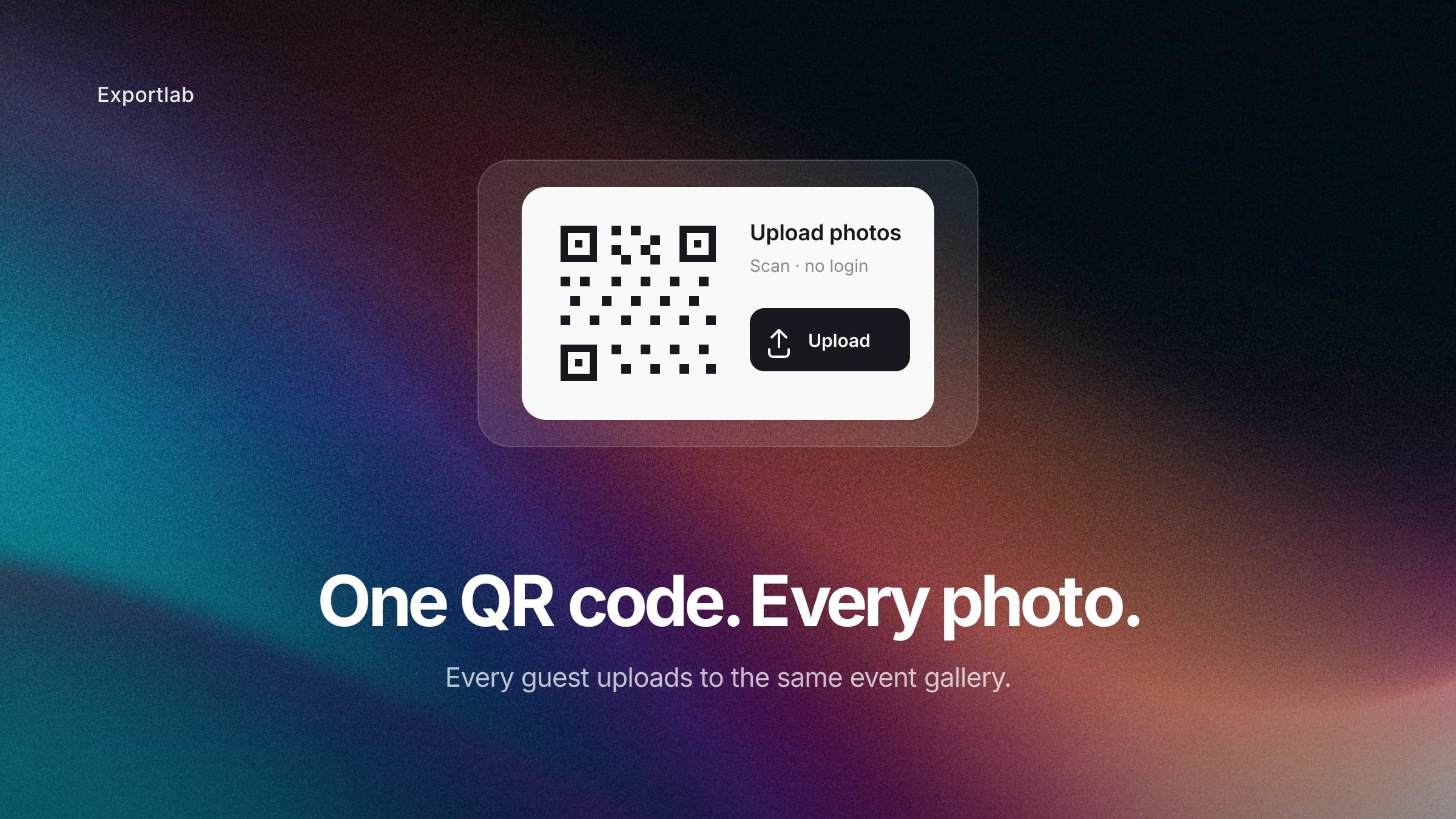 One QR code, every photo – a QR upload card ‘Upload photos’ letting guests upload to the same event gallery without login