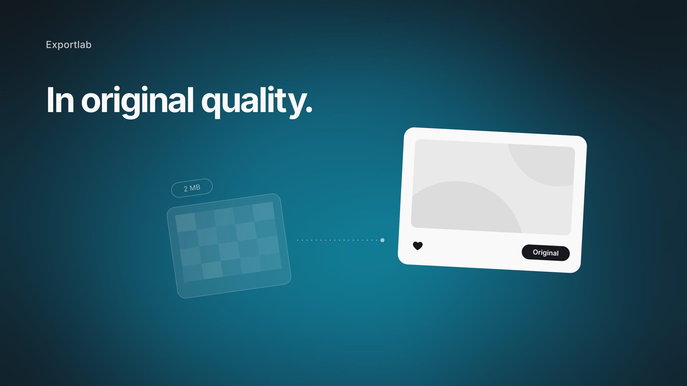 In original quality. – pixelated 2 MB image becomes a crisp original photo card on a blue gradient