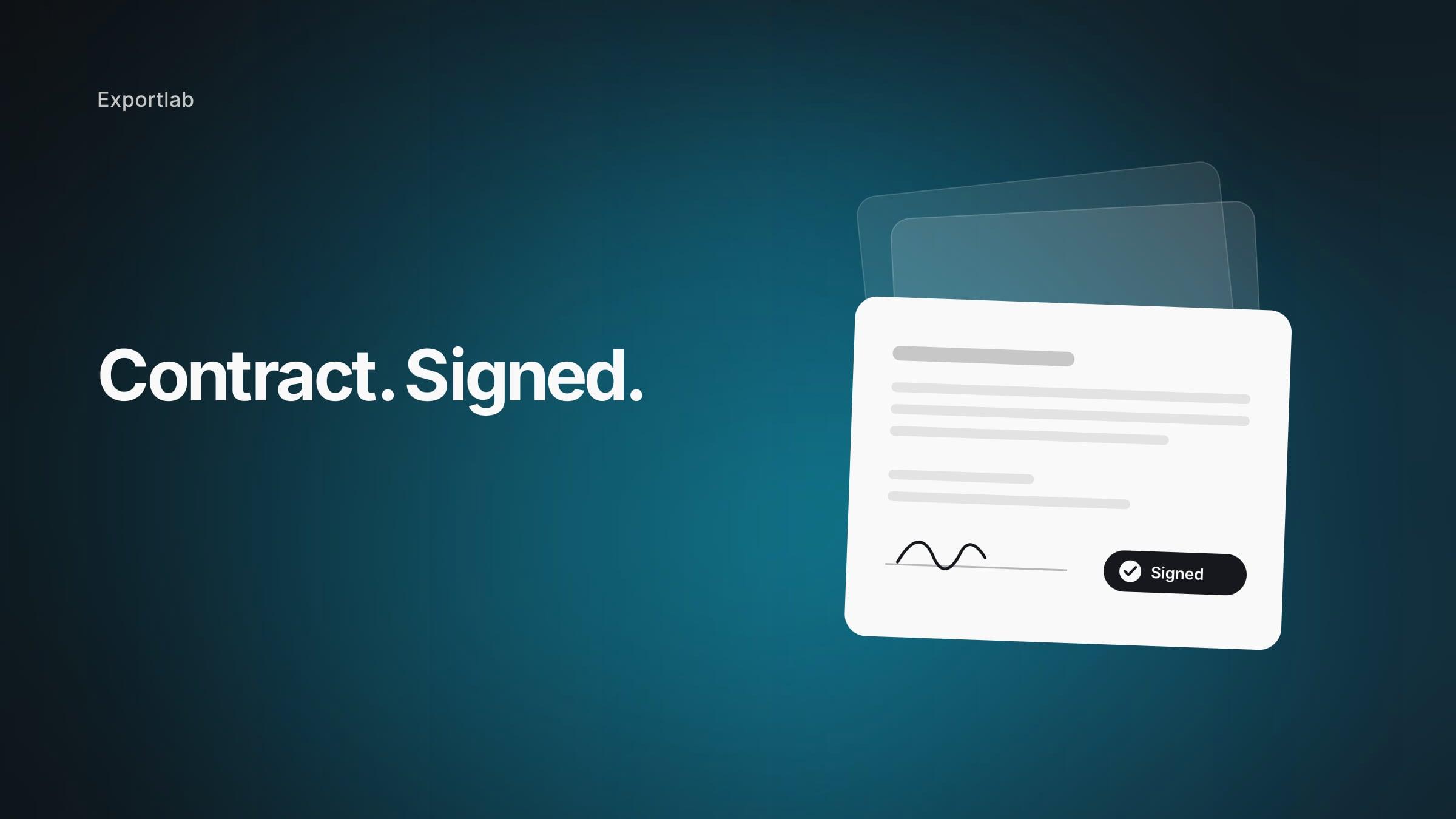 Photography contract – headline with a digitally signed contract card on a dark background
