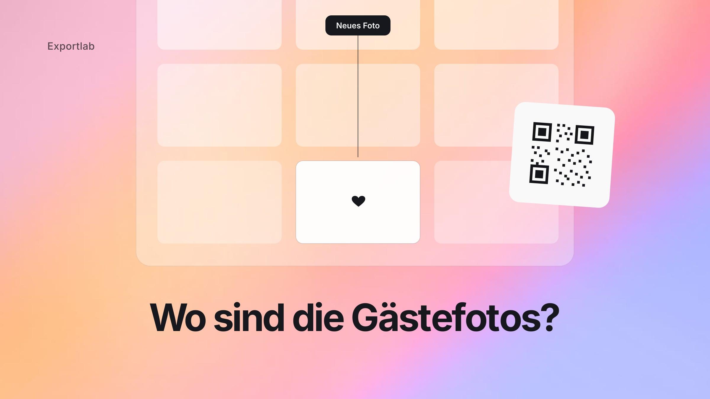 Wo sind die Gästefotos? – Galerie-Raster mit neu eingetroffenem Hochzeitsfoto und QR-Karte