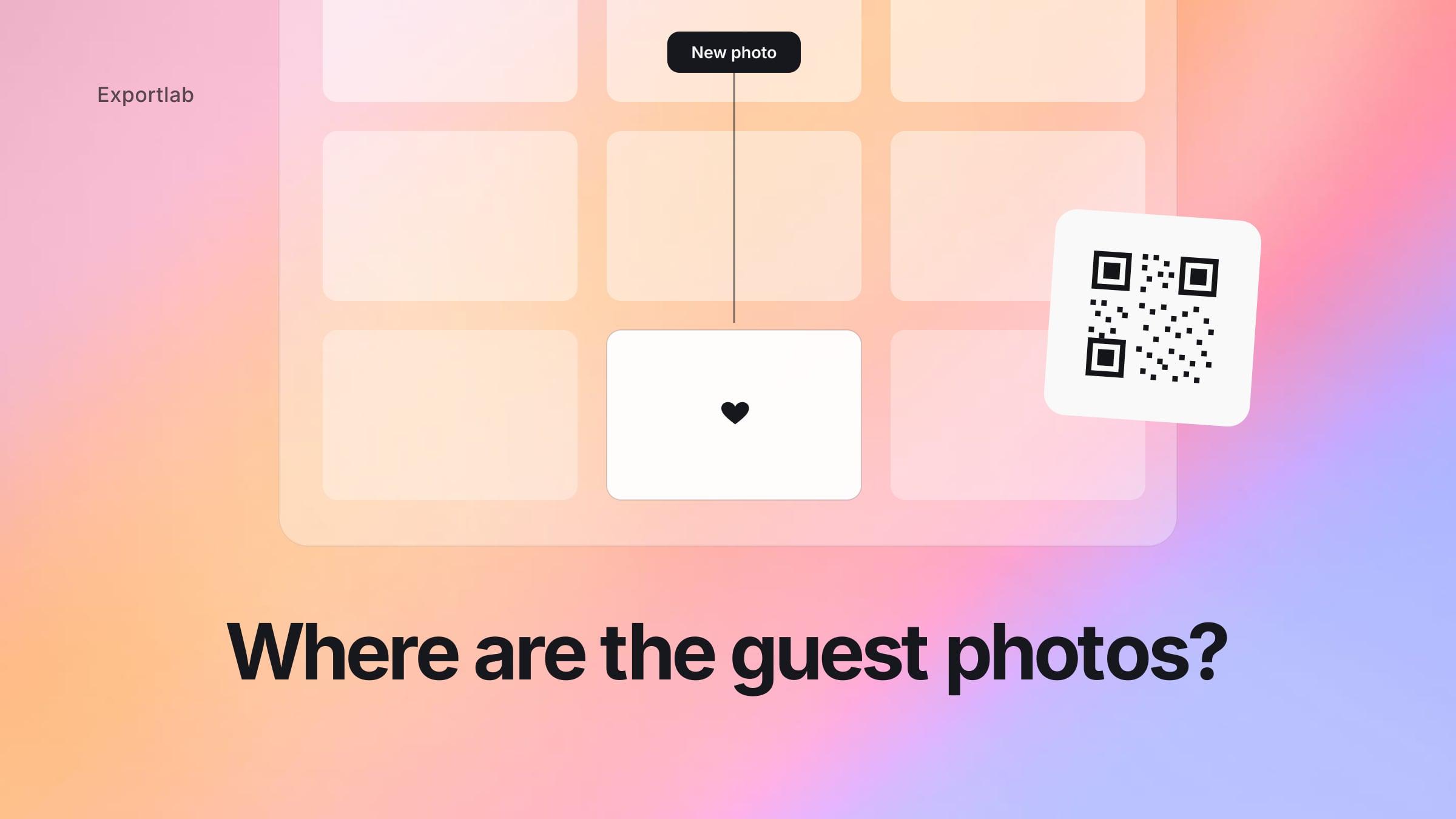 Where are the guest photos? – gallery grid with a newly arrived wedding photo and a QR card